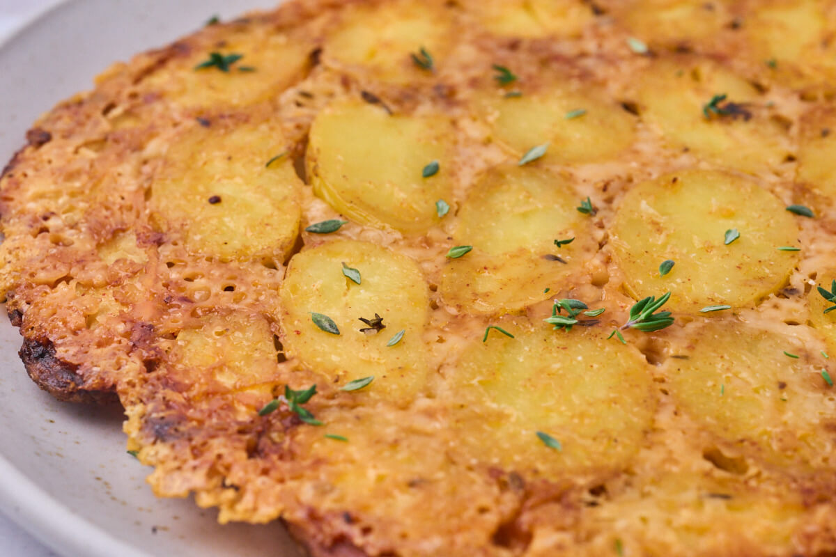 golden crispy bottom on the potatoes.