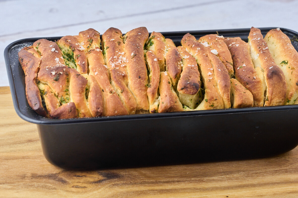 garlic bread in loaf pan.